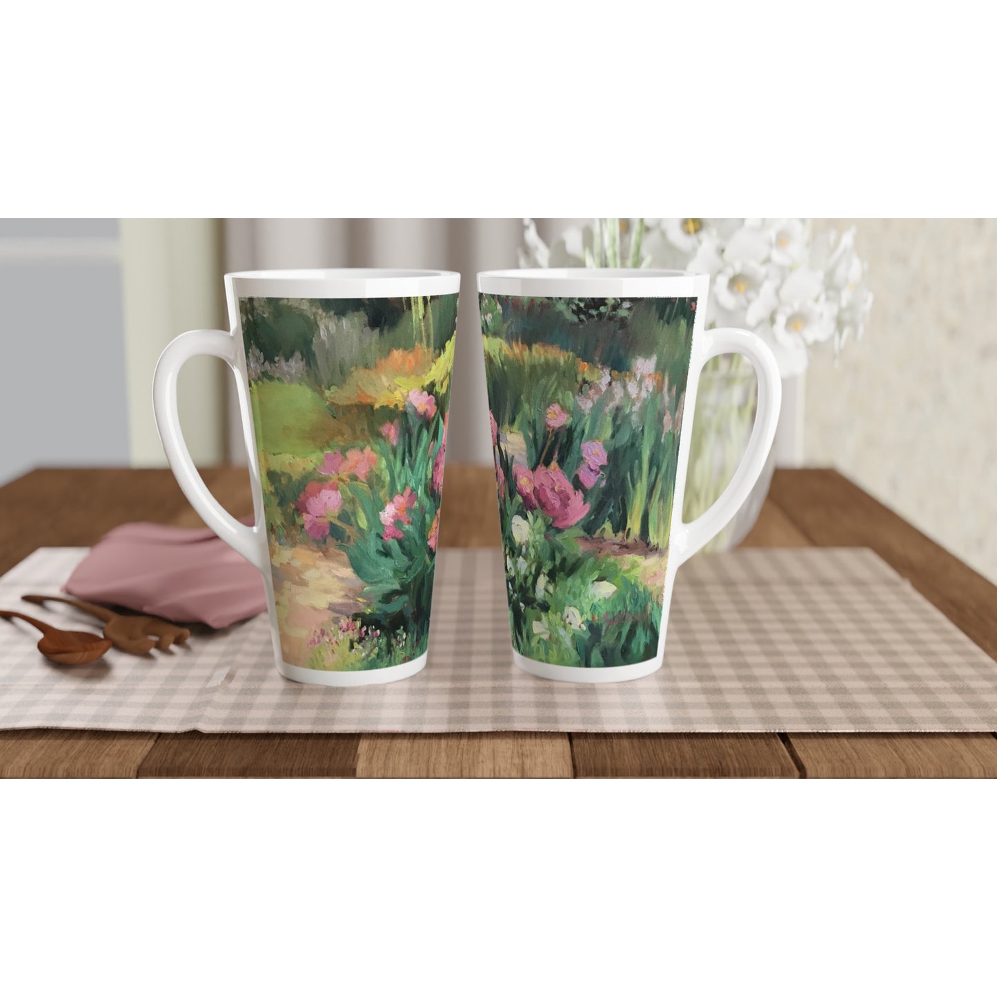 17oz White Ceramic Latte Mug | Coffee Cup with 'Garden Peonies' Floral Artwork by American Artist Barbara Cleary