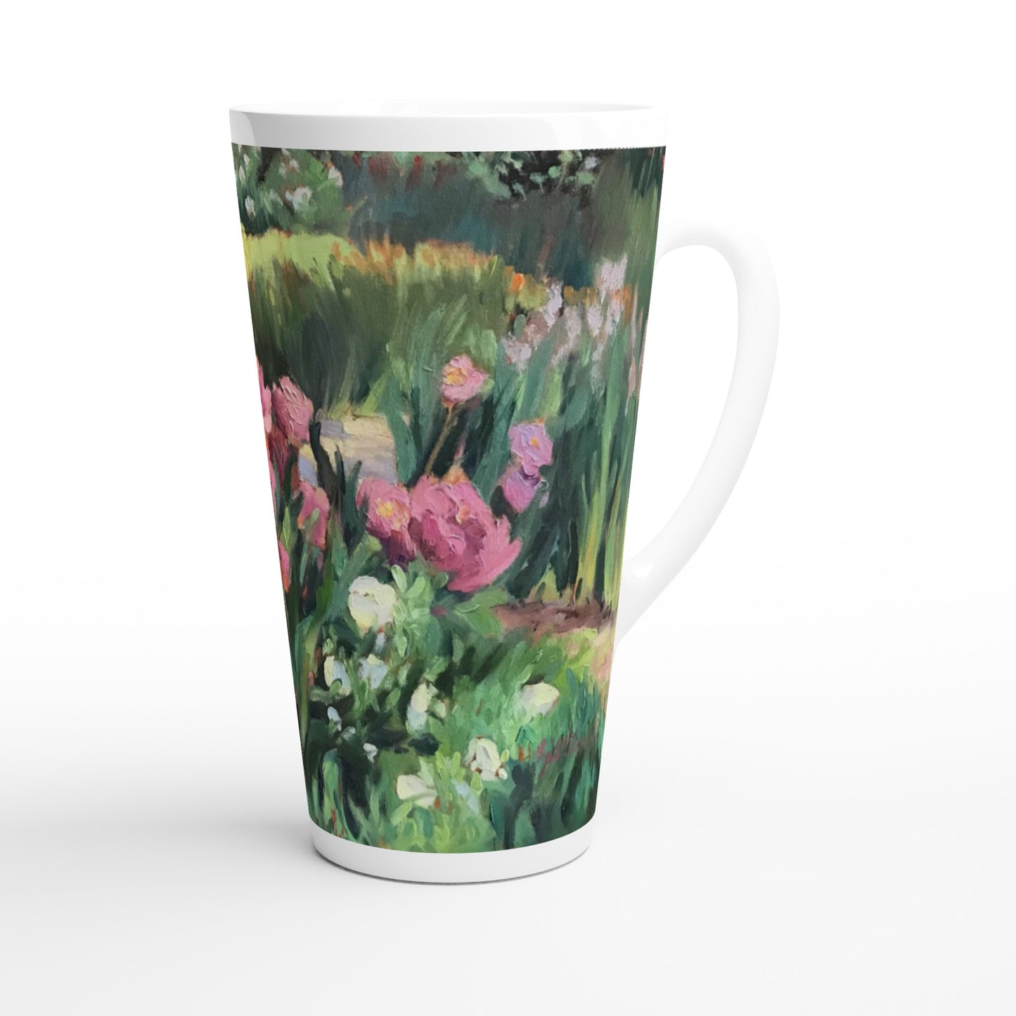 17oz White Ceramic Latte Mug | Coffee Cup with 'Garden Peonies' Floral Artwork by American Artist Barbara Cleary