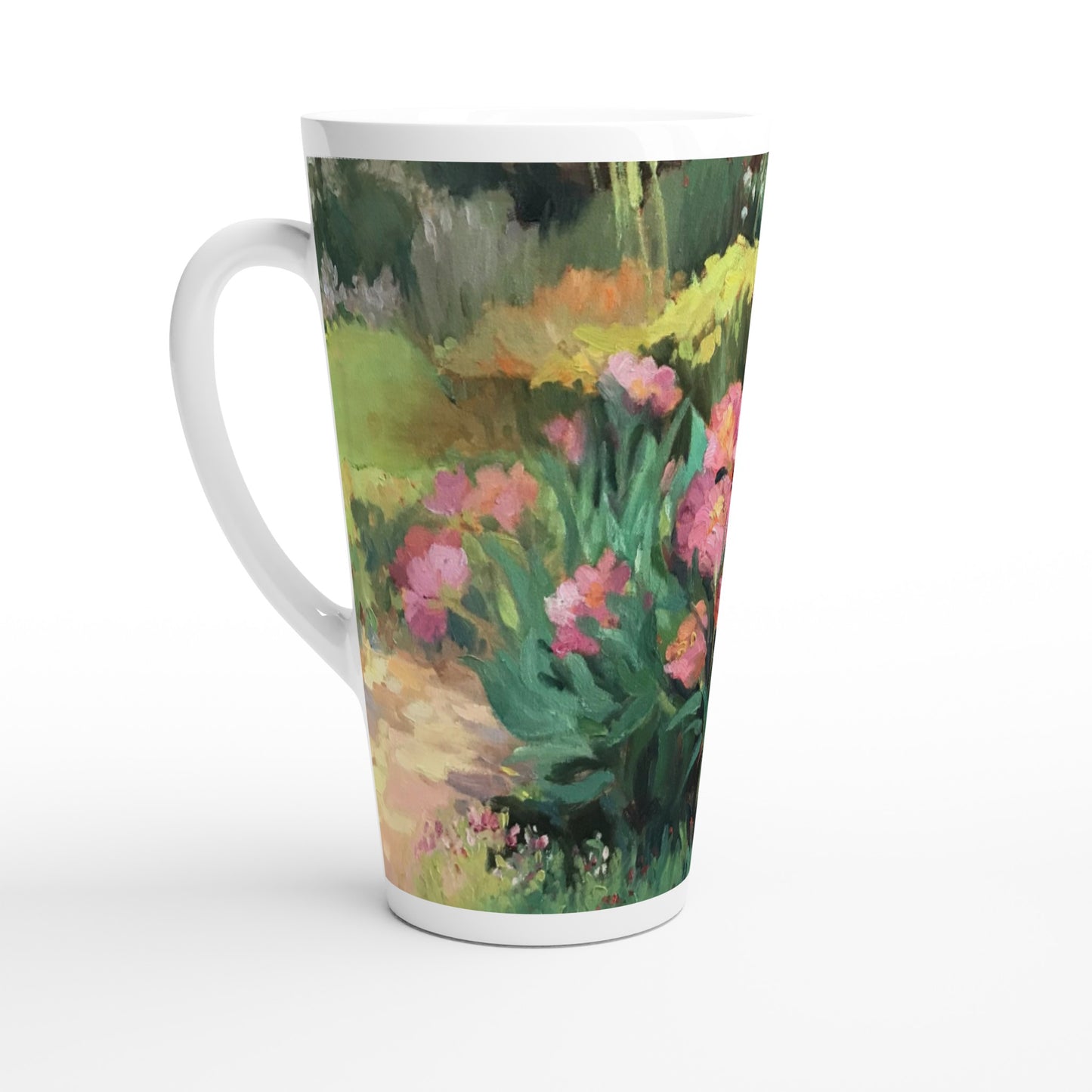 17oz White Ceramic Latte Mug | Coffee Cup with 'Garden Peonies' Floral Artwork by American Artist Barbara Cleary