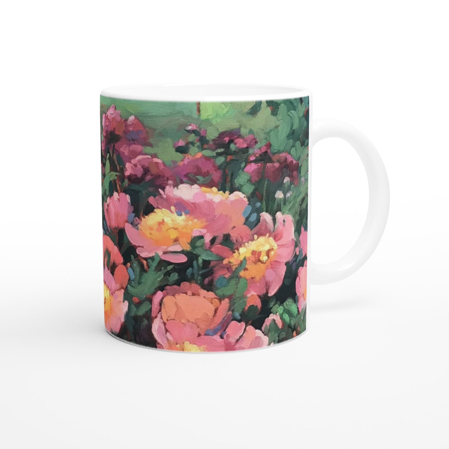 11oz White Ceramic Mug | Coffee Cup with 'Pink Princess' Floral Artwork by American Artist Barbara Cleary