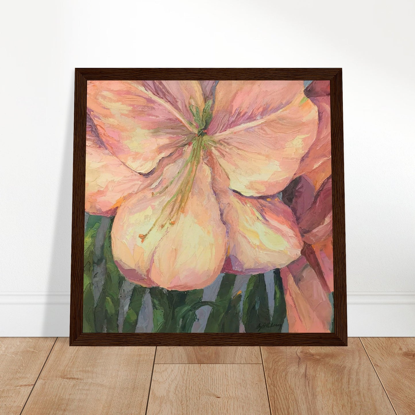 'Pink Amaryllis' Floral | 12x12 inch Wooden Framed Art Print | Original Artwork by American Artist Barbara Cleary