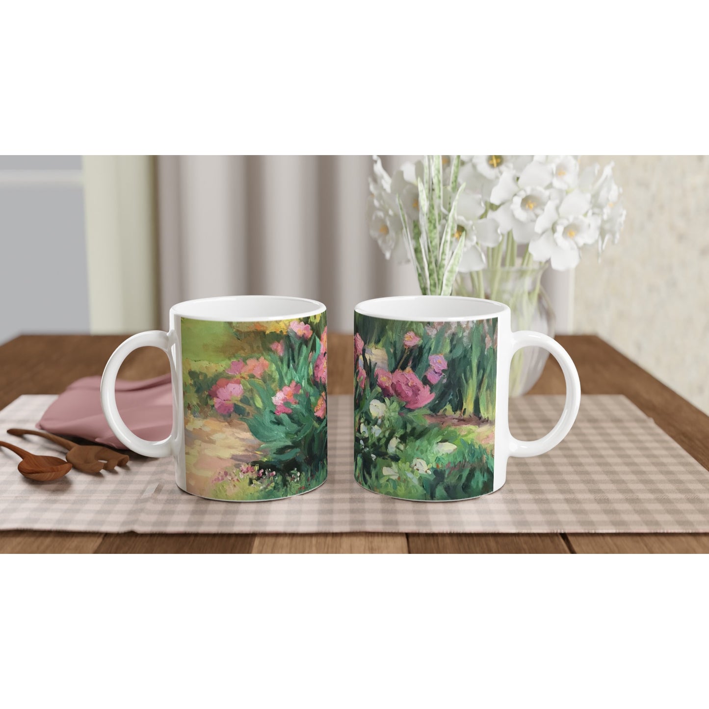 11oz White Ceramic Mug| Coffee Cup with 'Garden Peonies' Floral Artwork by American Artist Barbara Cleary