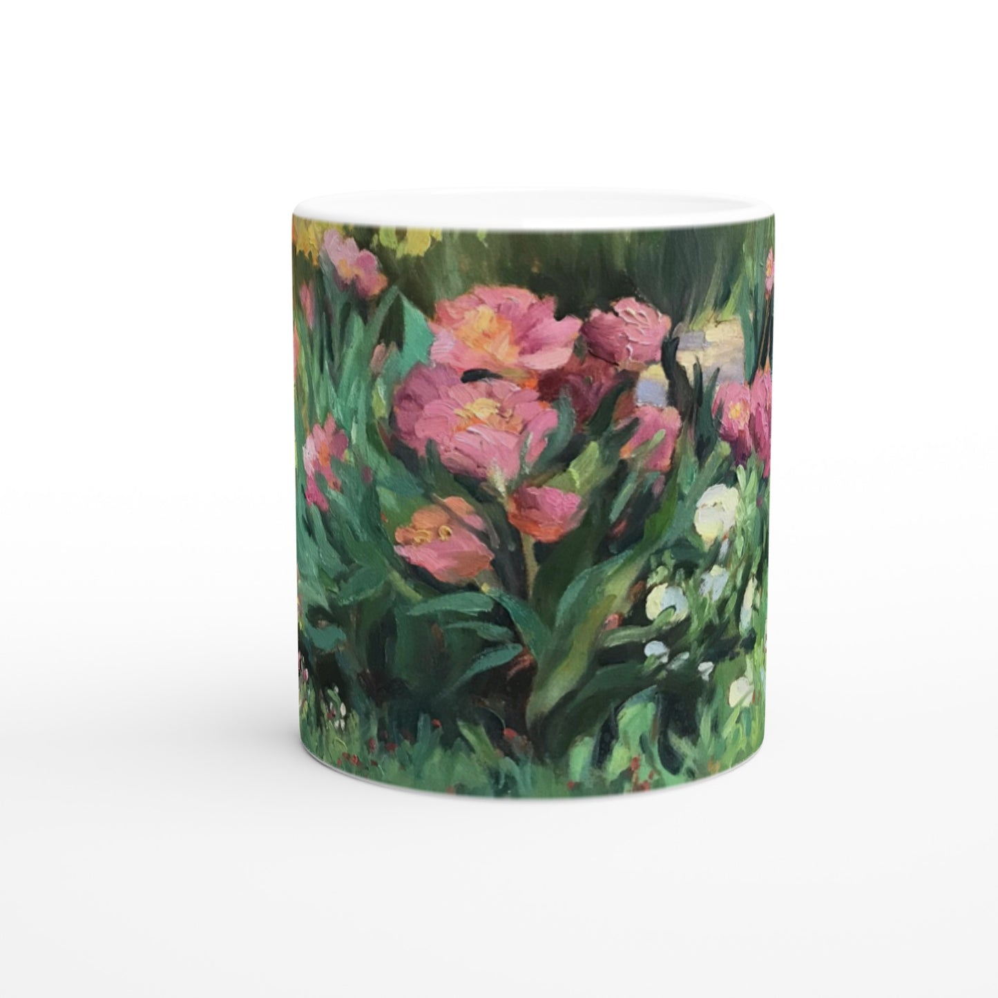 11oz White Ceramic Mug| Coffee Cup with 'Garden Peonies' Floral Artwork by American Artist Barbara Cleary