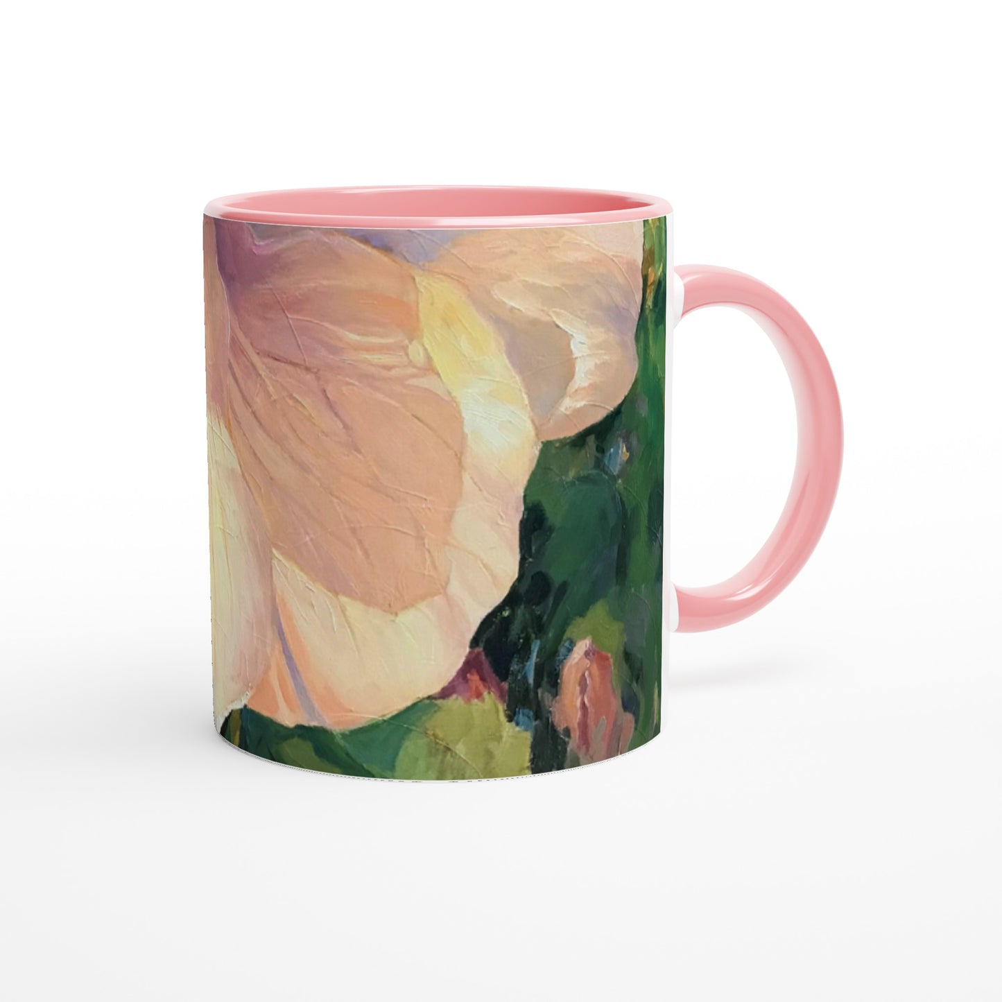 11oz White Ceramic Mug with Color Inside | Coffee Cup with 'Pink Hibiscus' Floral Artwork by American Artist Barbara Cleary