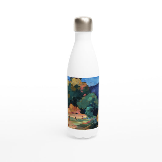 17oz White Stainless Steel Bottle with 'New Mexico Meadow' Landscape Artwork by American Artist Barbara Cleary