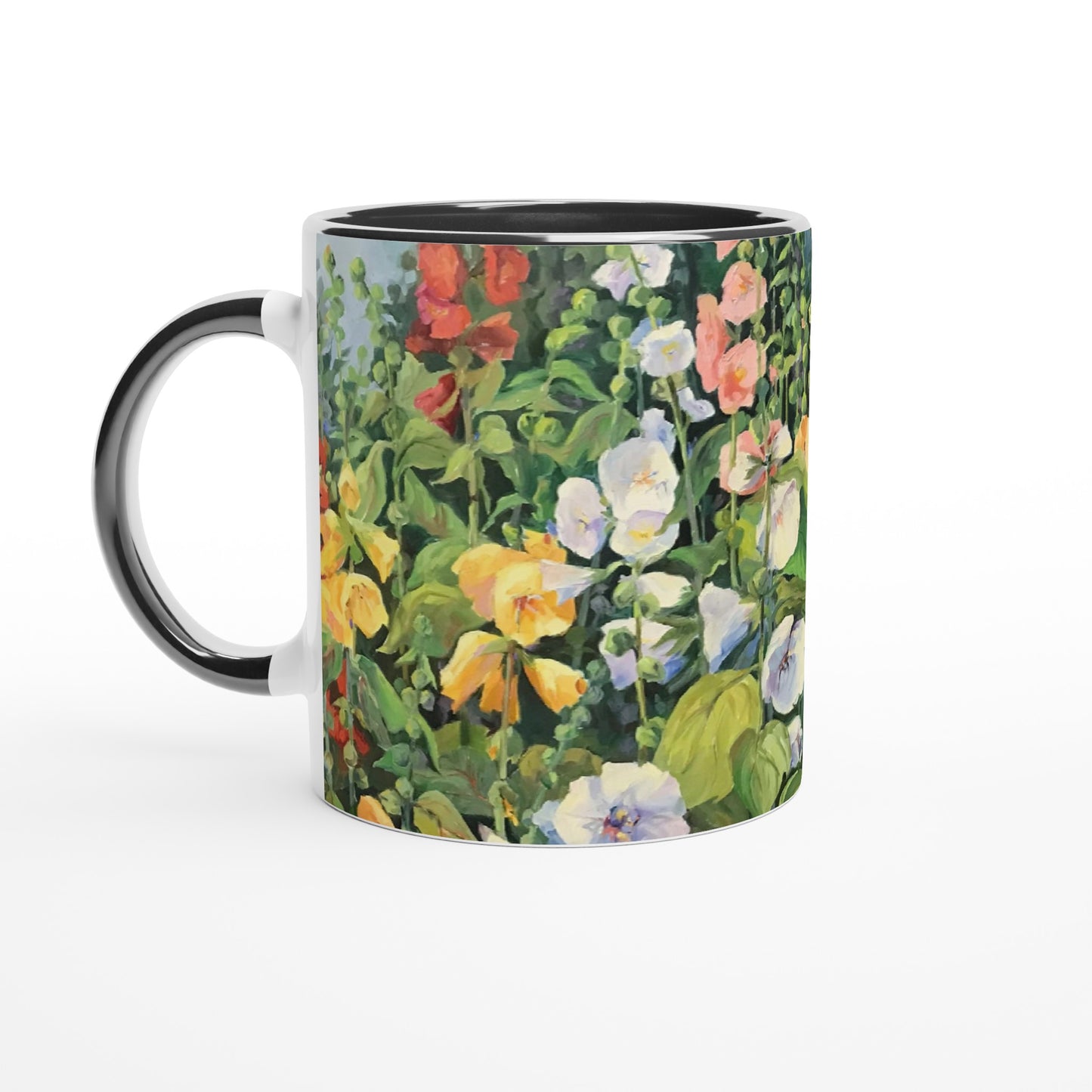 11oz White Ceramic Mug with Color Inside | Coffee Cup with 'Hollyhocks' Floral Artwork by American Artist Barbara Cleary