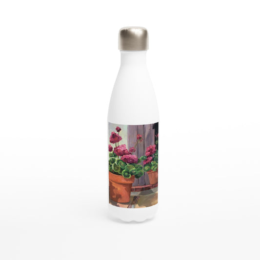 17oz White Stainless Steel Bottle with 'Geraniums 2' Floral Artwork by American Artist Barbara Cleary