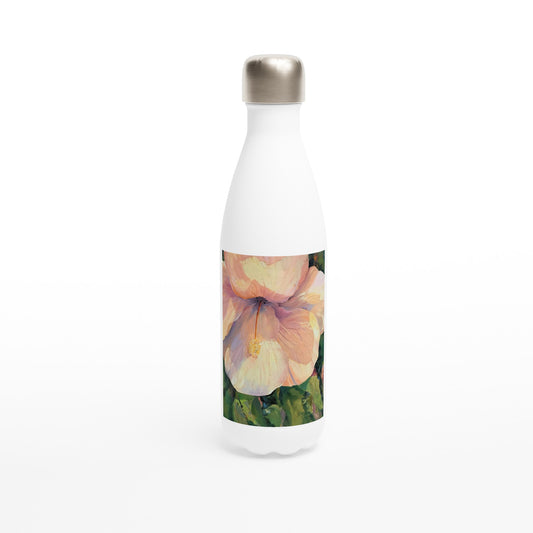 17oz White Stainless Steel Bottle with 'Pink Hibiscus' Floral Artwork by American Artist Barbara Cleary