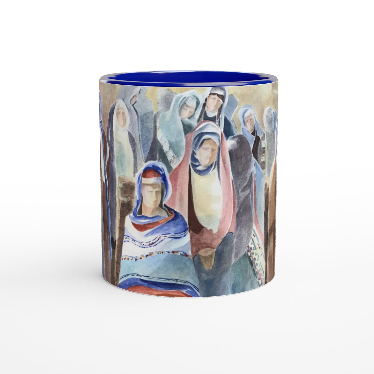 11oz White Ceramic Mug with Color Inside | Coffee Cup with 'Pueblo People' Southwestern Artwork by American Artist Barbara Cleary