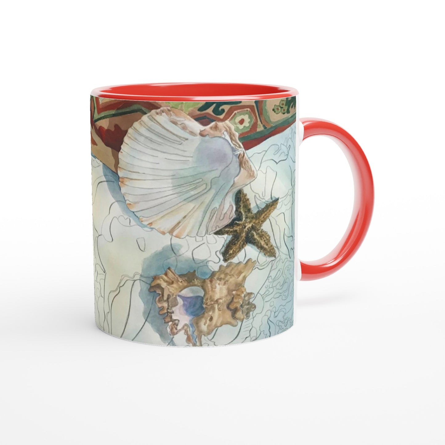Shells Watercolor White 11oz Ceramic Mug with Color Inside by Barbara Cleary Designs
