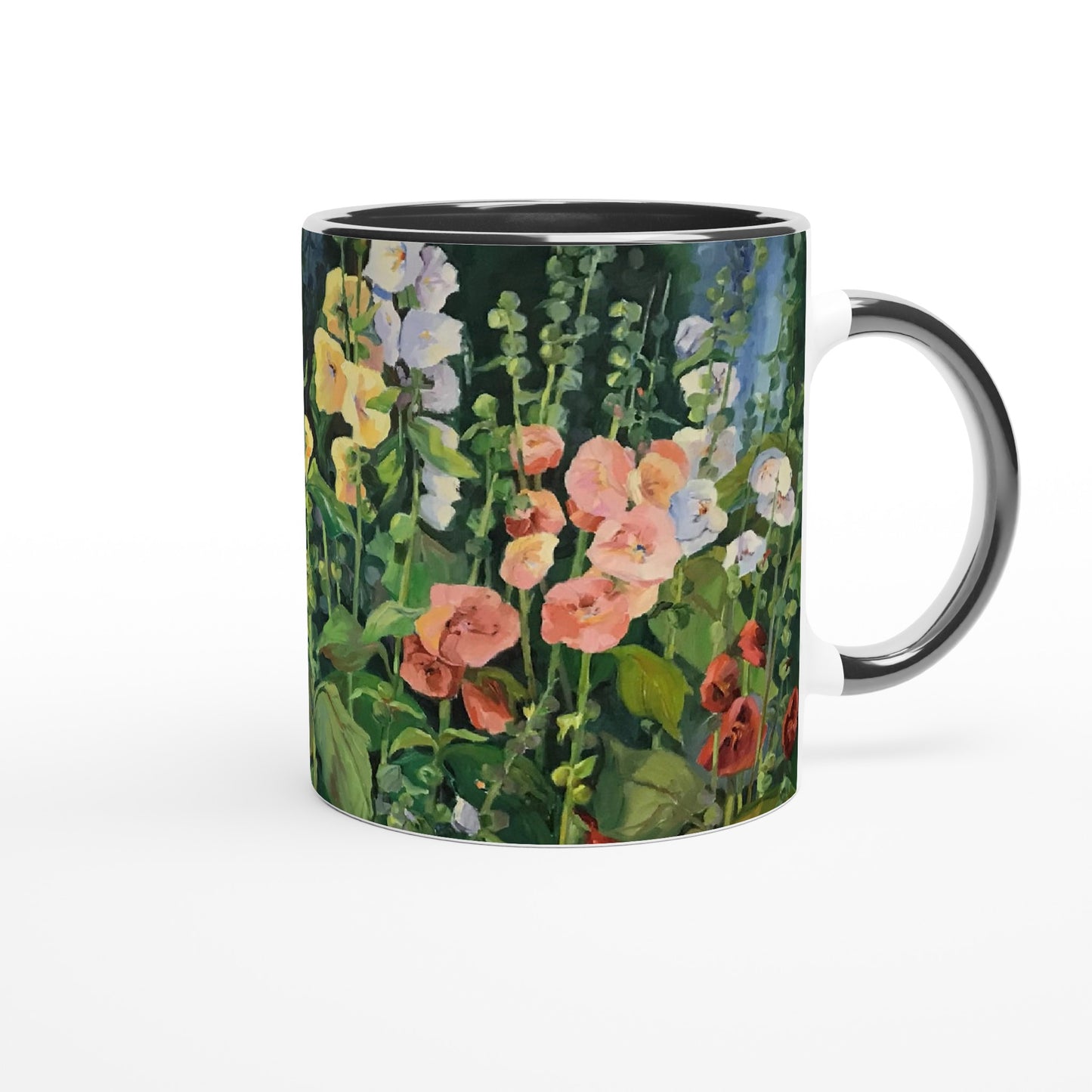 11oz White Ceramic Mug with Color Inside | Coffee Cup with 'Hollyhocks' Floral Artwork by American Artist Barbara Cleary