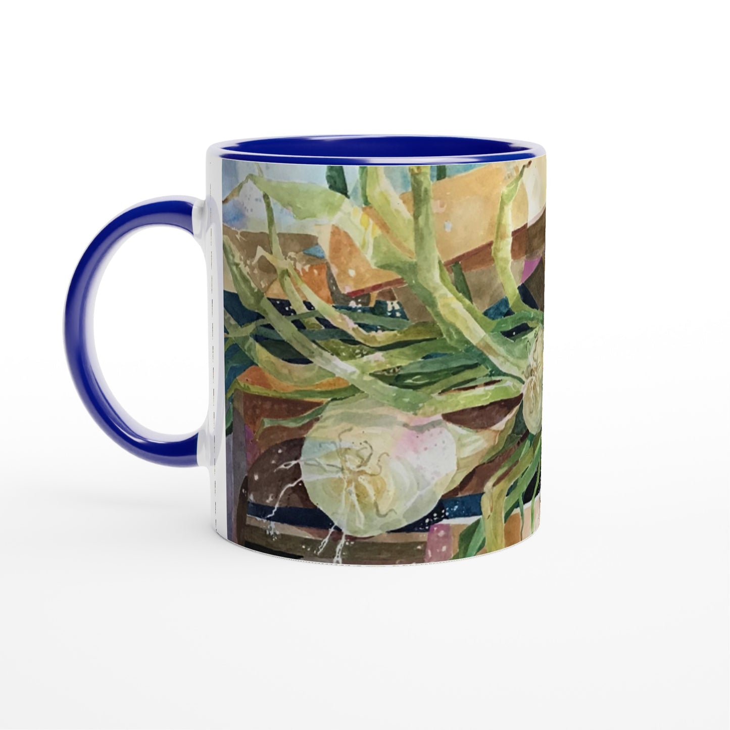 11oz White Ceramic Mug with Color Inside | Coffee Cup with 'Onions' Watercolor Artwork by American Artist Barbara Cleary