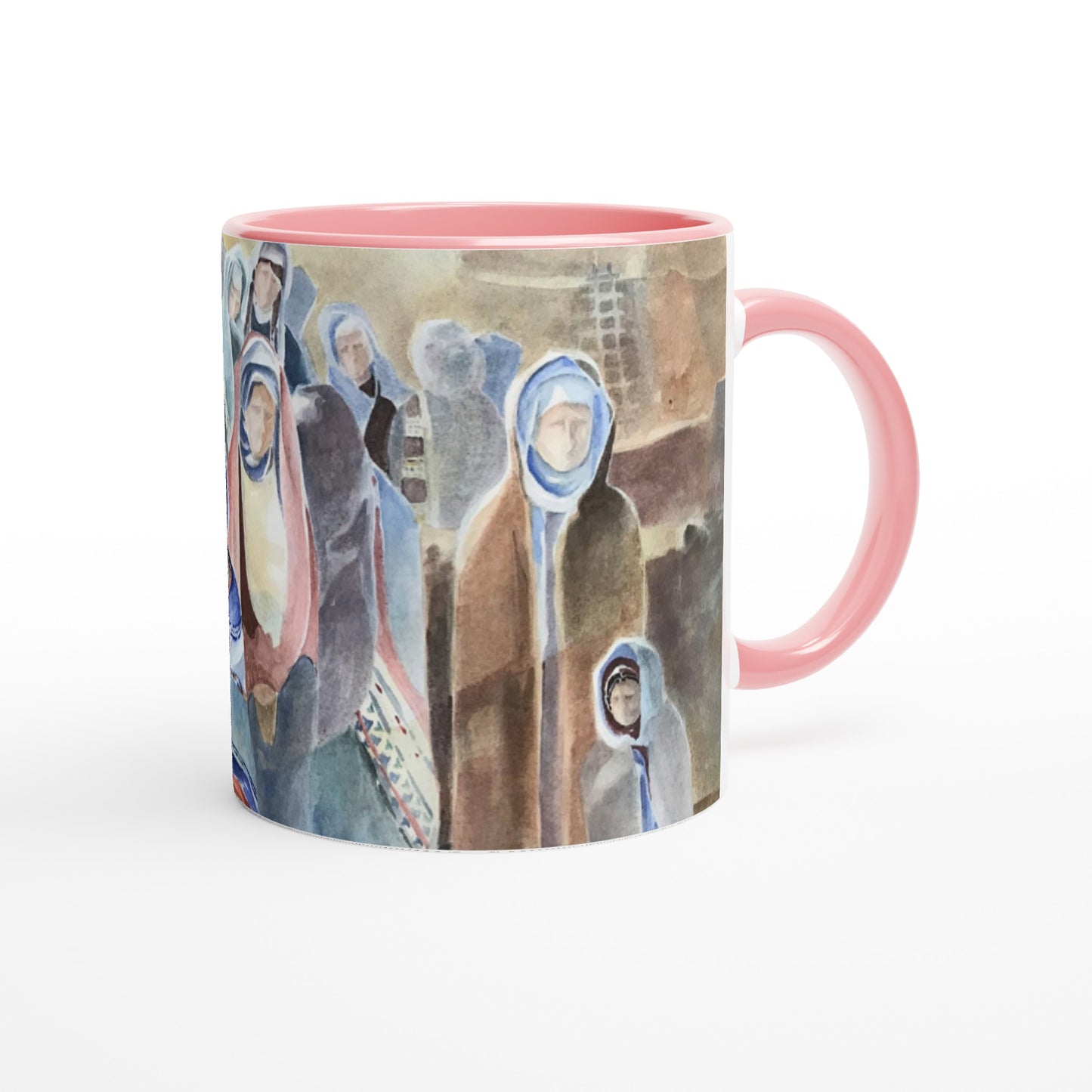 11oz White Ceramic Mug with Color Inside | Coffee Cup with 'Pueblo People' Southwestern Artwork by American Artist Barbara Cleary