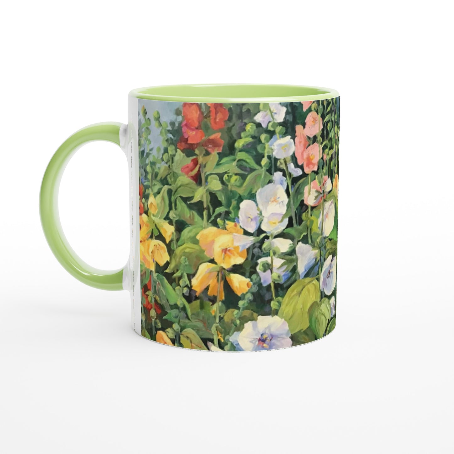 11oz White Ceramic Mug with Color Inside | Coffee Cup with 'Hollyhocks' Floral Artwork by American Artist Barbara Cleary